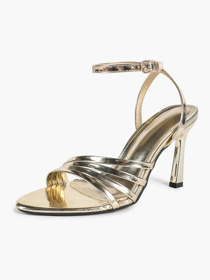 Champagne Gold Multi-Strap Stilettos Pointed Open Toe Ankle Buckle Sandals Layered Straps Elegant Party Shoes