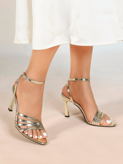 Champagne Gold Multi-Strap Stilettos Pointed Open Toe Ankle Buckle Sandals Layered Straps Elegant Party Shoes