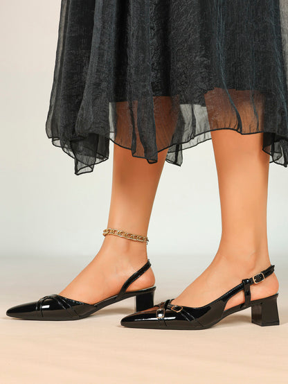 Black Patent Slingback Pumps with Cross-Strap Gold Buckles and Block Heel