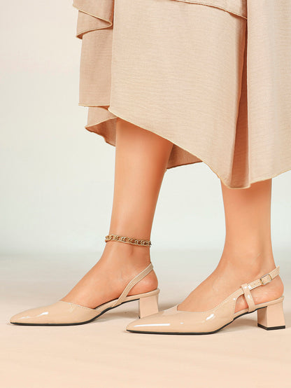 Nude Patent Slingback Heels with Pointed Toe and Comfortable Block Heel
