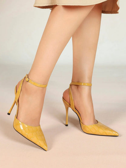 Women's Leather 4.13 INCH High-Heel Stiletto Pointed Toe Slingback Stiletto Heels for Elegant Scene YISHIFAN