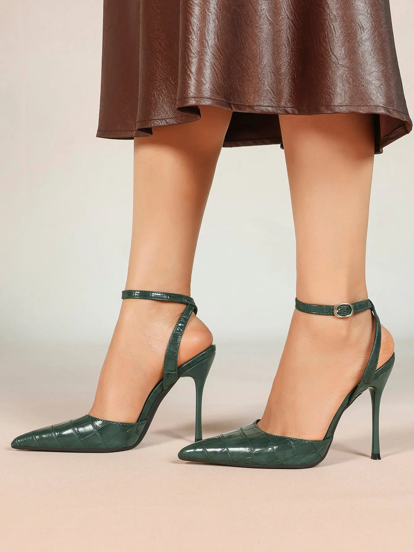 Women's Leather 4.13 INCH High-Heel Stiletto Pointed Toe Slingback Stiletto Heels for Elegant Scene YISHIFAN