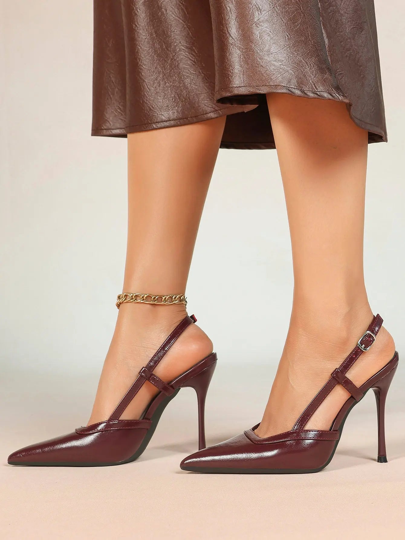 Women's Patent Leather Pointed-Toe Slingback Stiletto Heels with Adjustable Ankle Buckle YISHIFAN