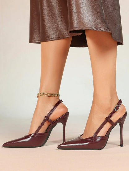 Women's Patent Leather Pointed-Toe Slingback Stiletto Heels with Adjustable Ankle Buckle YISHIFAN