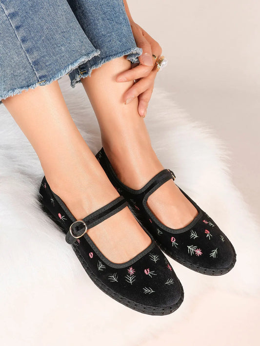 Black Velvet Mary Jane Flats Floral Embroidery Metallic Buckle Strap for Dressy Office YISHIFAN
