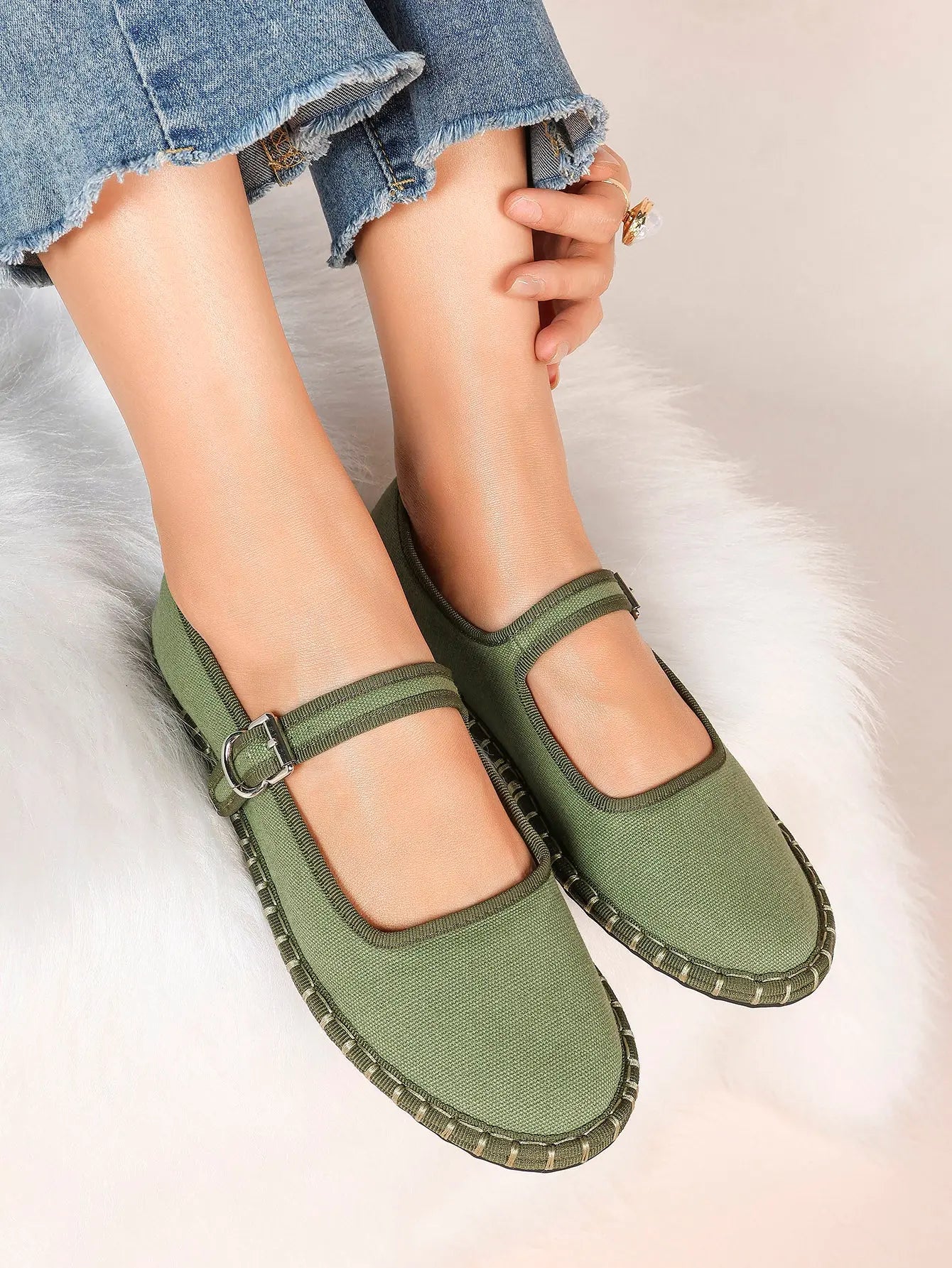 Women's Blue Mary Jane Flats with Floral Buckle Arch Support Insole for Casual Chic Everyday Shoes YISHIFAN