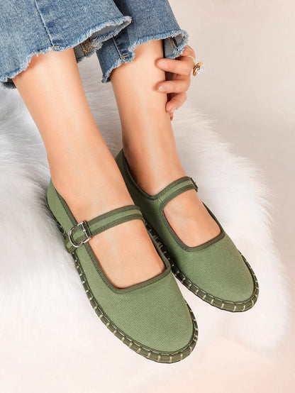 Women's Blue Mary Jane Flats with Floral Buckle Arch Support Insole for Casual Chic Everyday Shoes YISHIFAN