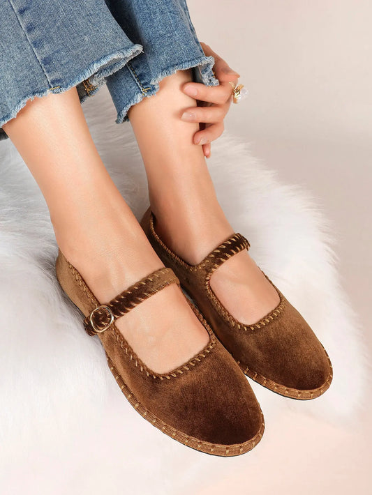 Brown Velvet Mary Janes Shoes Adjustable Strap Round Toe for Work Casual Dress Shoes YISHIFAN