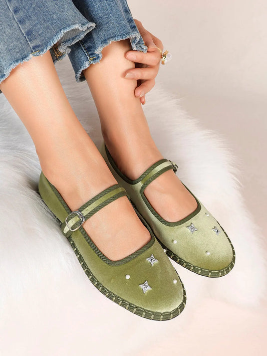 Green Velvet Round Toe Mary Jane Flats Floral Embroidery with Strap for Work Daily Comfortable Shoes YISHIFAN