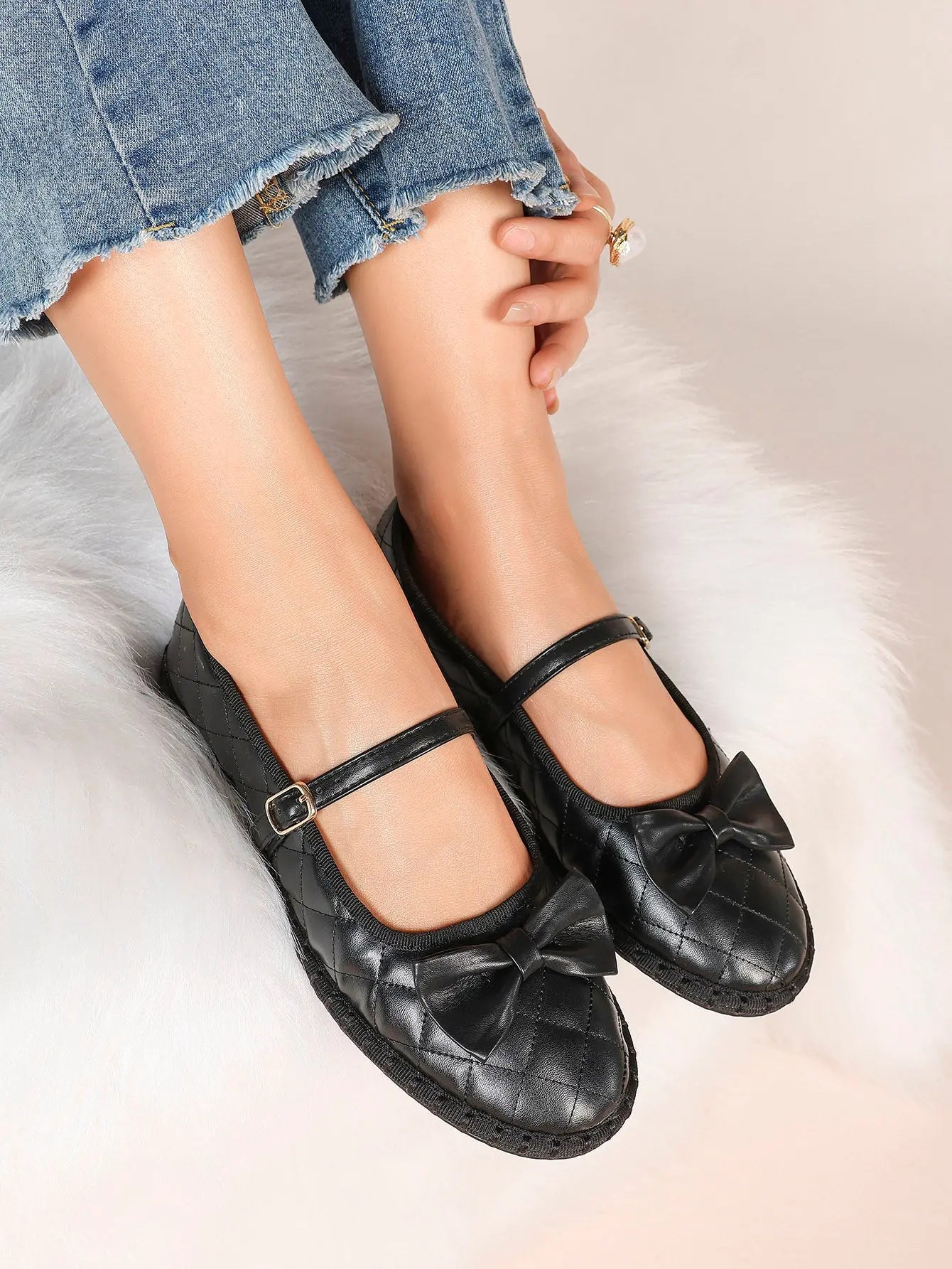 Women Round Toe Bow Quilted Mary Janes Flats Comfortable Casual Dress Shoes with Buckle Strap Casual Work Office Shoes YISHIFAN