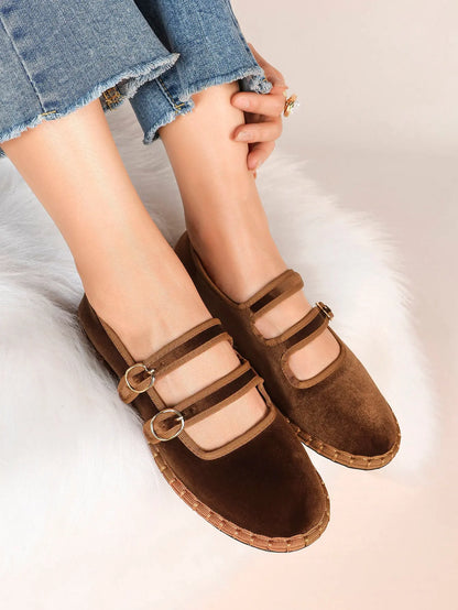 Women's Pink Suede Ballet Flats with Double Gold Buckle Cloud Comfort Insole for Casual Chic Everyday Shoes YISHIFAN