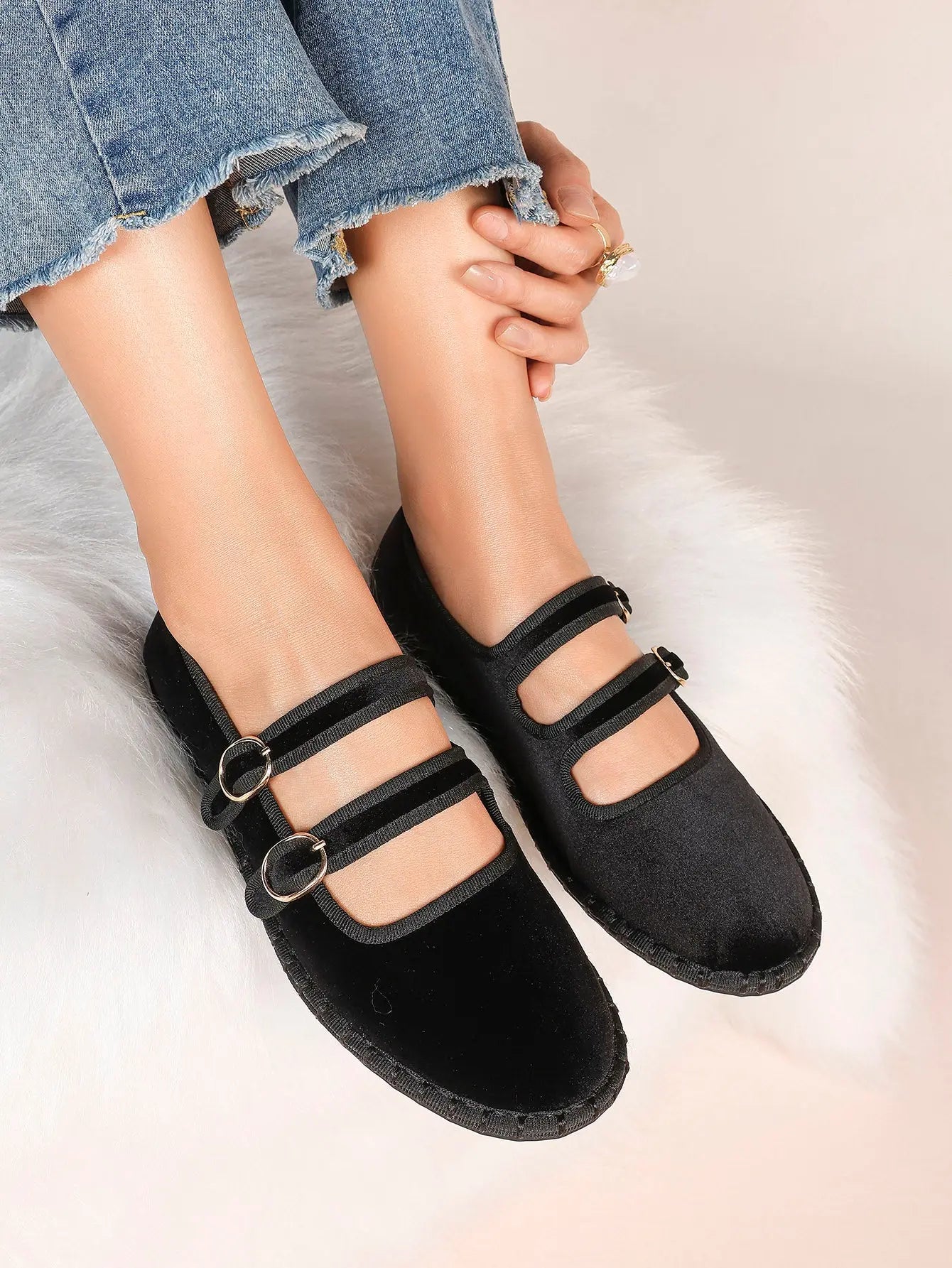 Women's Pink Suede Ballet Flats with Double Gold Buckle Cloud Comfort Insole for Casual Chic Everyday Shoes YISHIFAN