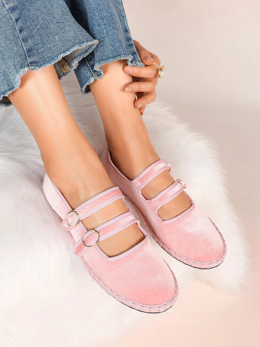 Women's Pink Suede Ballet Flats with Double Gold Buckle Cloud Comfort Insole for Casual Chic Everyday Shoes YISHIFAN