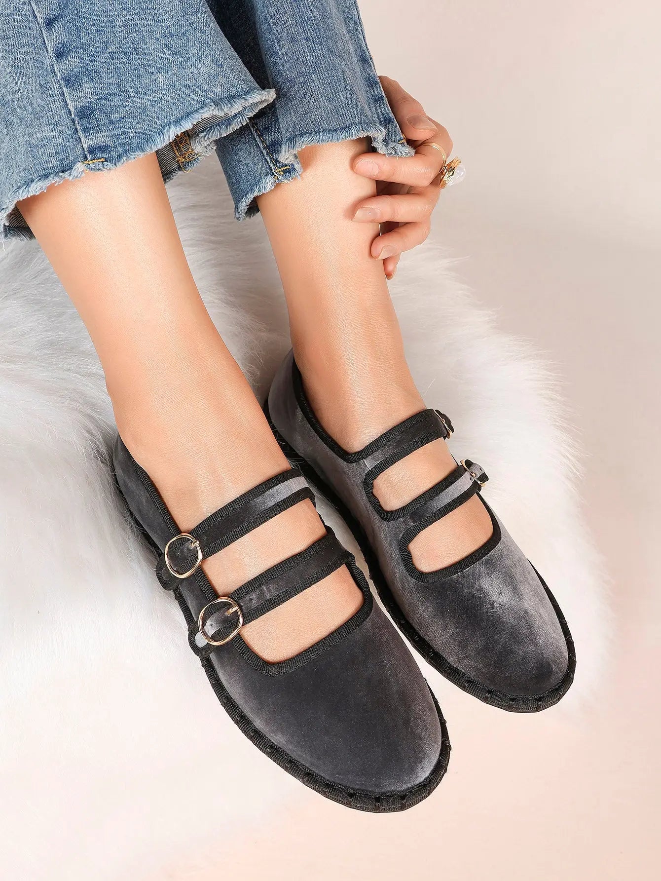 Women's Pink Suede Ballet Flats with Double Gold Buckle Cloud Comfort Insole for Casual Chic Everyday Shoes YISHIFAN