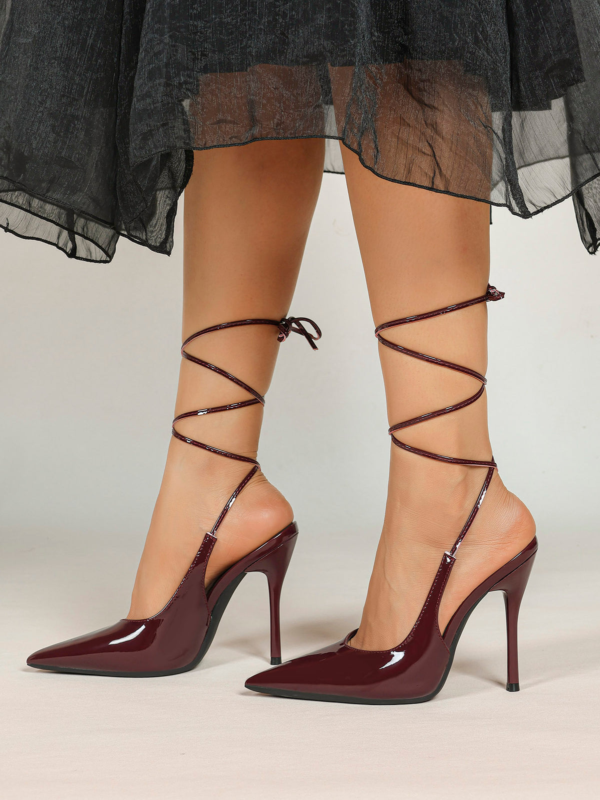 Burgundy Lace Up Stilettos - Pointed Toe Chic and Sexy Shoes for Evening or Party