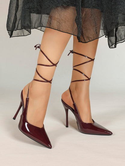 Burgundy Lace Up Stilettos - Pointed Toe Chic and Sexy Shoes for Evening or Party