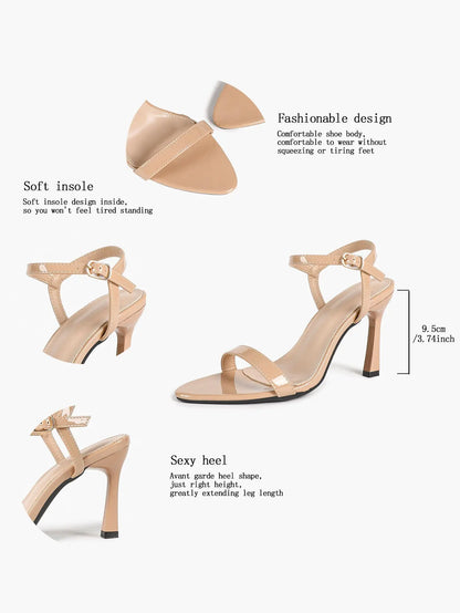 Women's Nude Patent Strappy High Heel Sandals Open Toe Slingback Stiletto with Ankle Buckle YISHIFAN