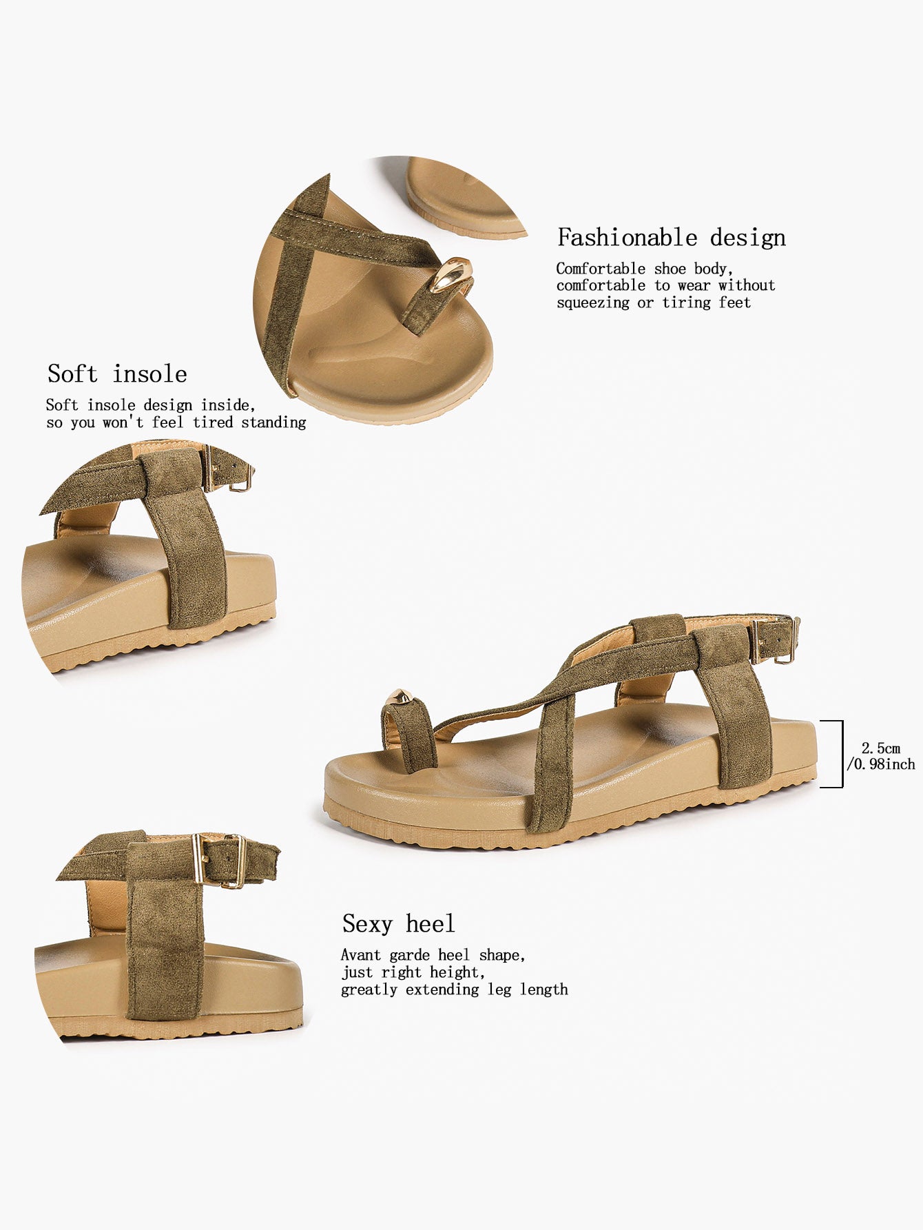 Olive Green Suede Criss-Cross Strap Sandals with Gold-Tone Oval Detail and Platform Sole