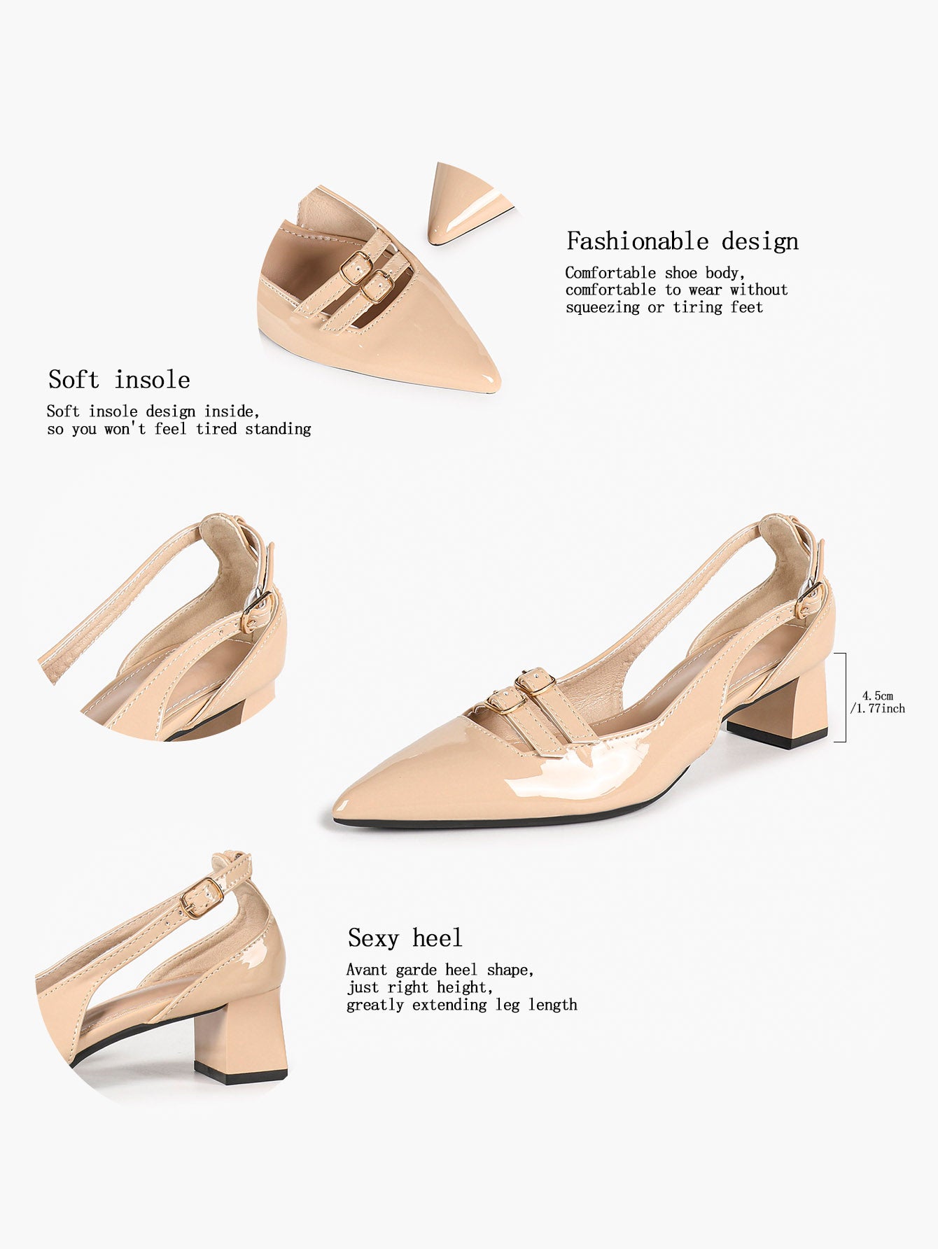 Nude Patent Pointed-Toe Slingback Pumps with Double Buckle Straps and Block Heel