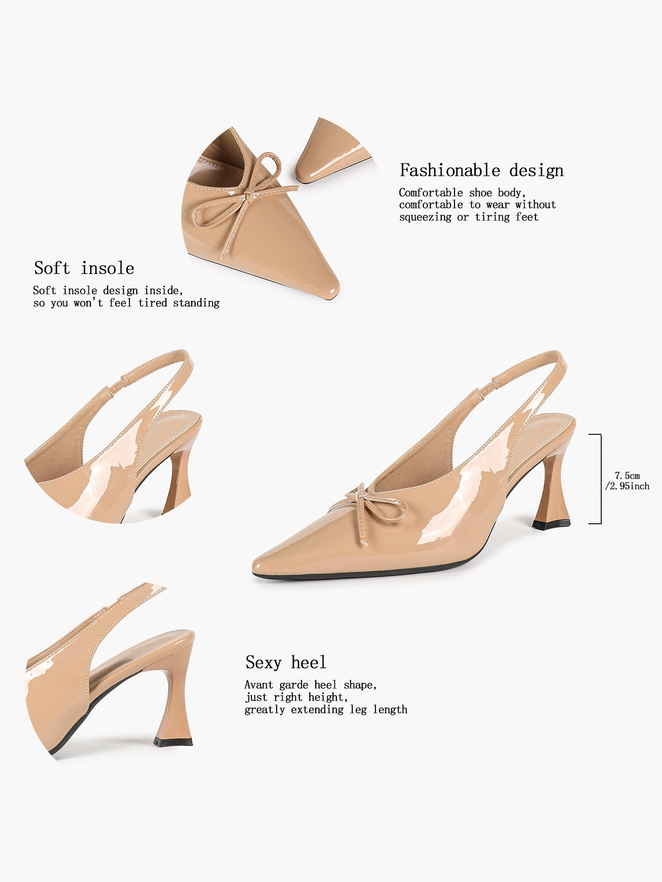 Nude Patent Pointed Toe Slingback Pumps Bow Detail Flared Heels Balletcore Elegant Shoes