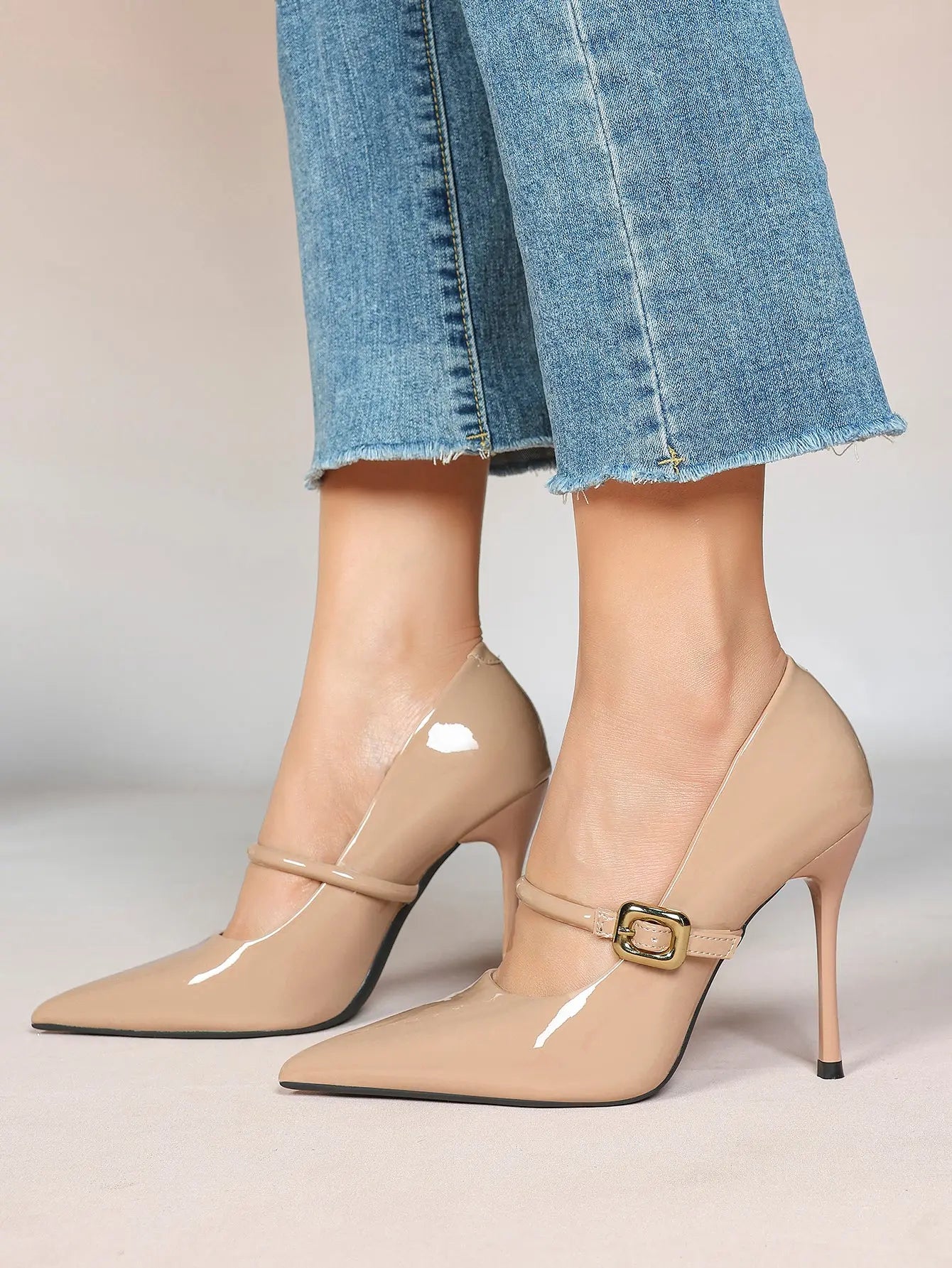 Women's Leather Stiletto Heels 4.13 Inch Pointed Toe Strap Pumps Shoes with Buckle for Casual Office YISHIFAN