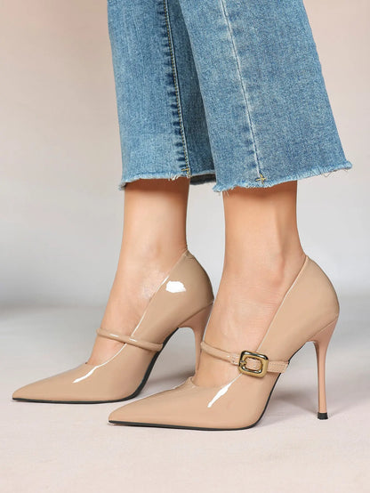 Women's Leather Stiletto Heels 4.13 Inch Pointed Toe Strap Pumps Shoes with Buckle for Casual Office YISHIFAN