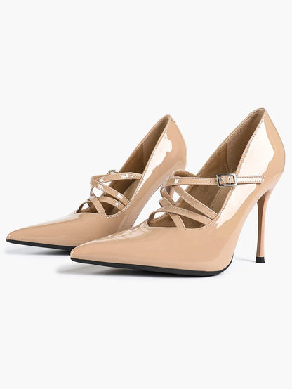 Burgundy Leather Stiletto Heels Sharp Pointed Toe Cross Strap Pump 4.13 INCH for Party Wedding Shoes YISHIFAN