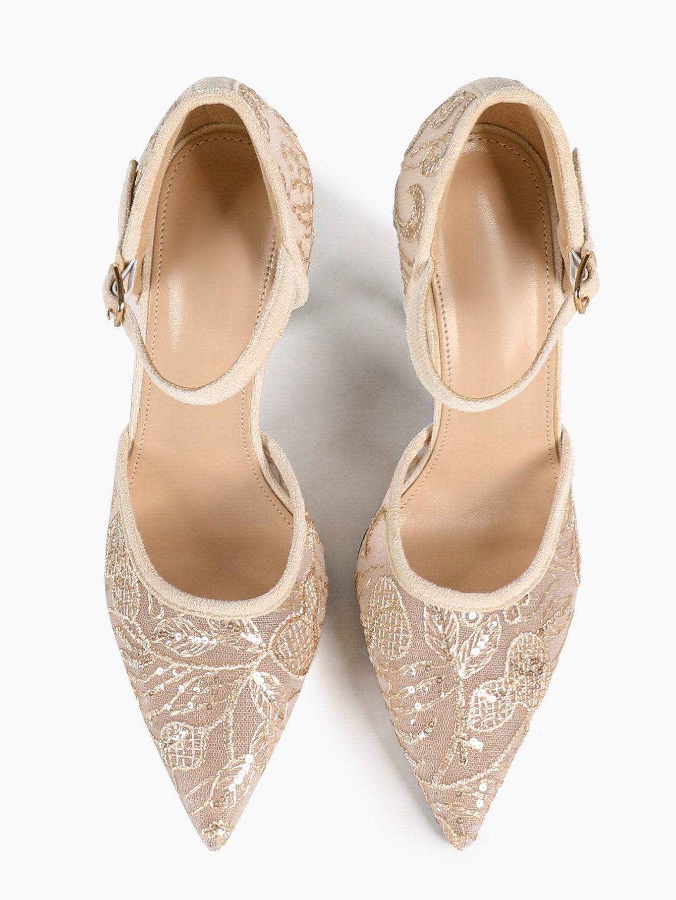 Sparkly Lace Pointed Toe Heels - 4.13" Ankle Strap Pumps with Non-Slip Sole