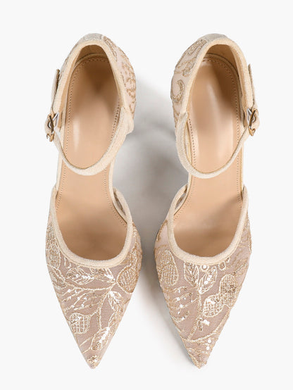 Sparkly Lace Pointed Toe Heels - 4.13" Ankle Strap Pumps with Non-Slip Sole