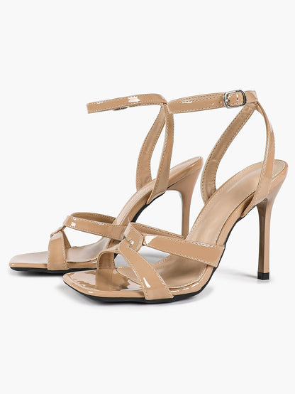 Women's Gold Leather Cross Strap Stiletto Heels 4.13 Inch Square Toe Ankle Strap Sandals YISHIFAN