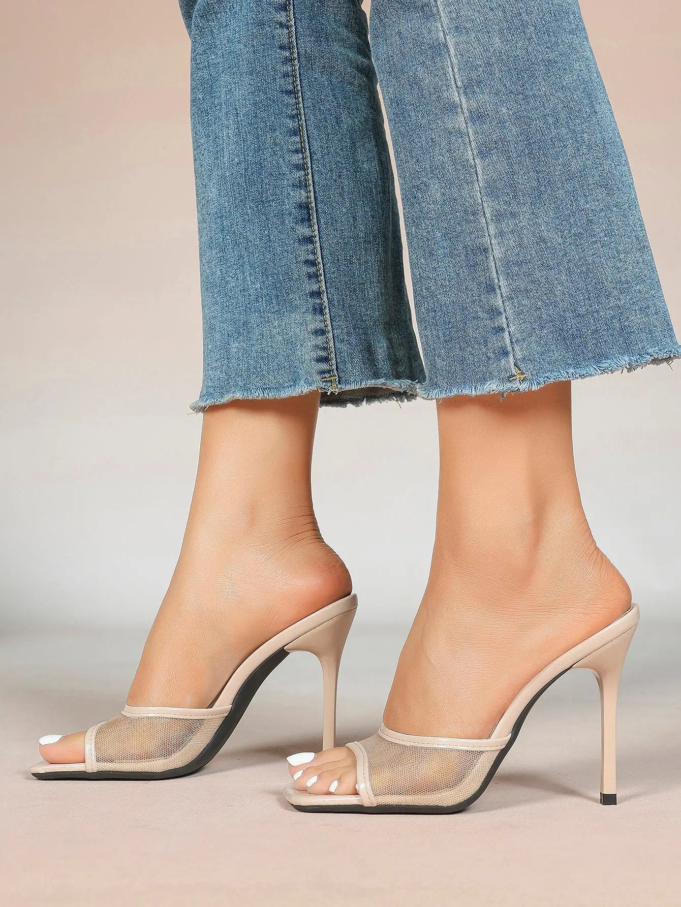 Women's Kitten Heels with Open Toe Square  Stiletto Sandals Slip On Mesh Mule Heels for Wedding Party YISHIFAN