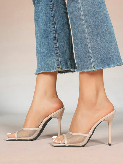 Women's Kitten Heels with Open Toe Square  Stiletto Sandals Slip On Mesh Mule Heels for Wedding Party YISHIFAN