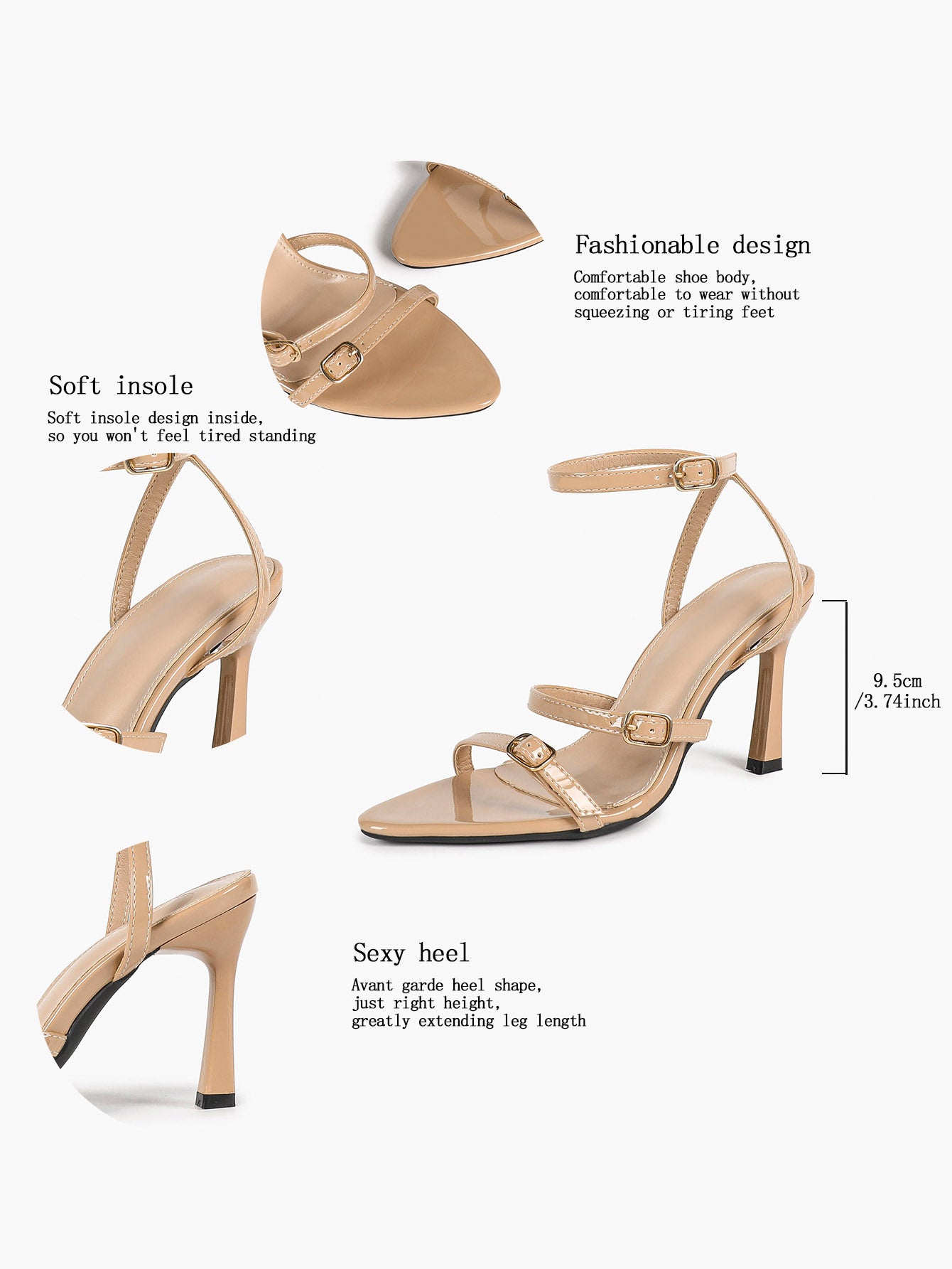 Nude Patent Double Strap Stiletto Sandals Ankle Buckle Pointed Open Toe Heels Elegant Office Shoes