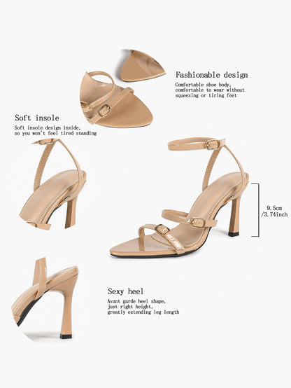 Nude Patent Double Strap Stiletto Sandals Ankle Buckle Pointed Open Toe Heels Elegant Office Shoes