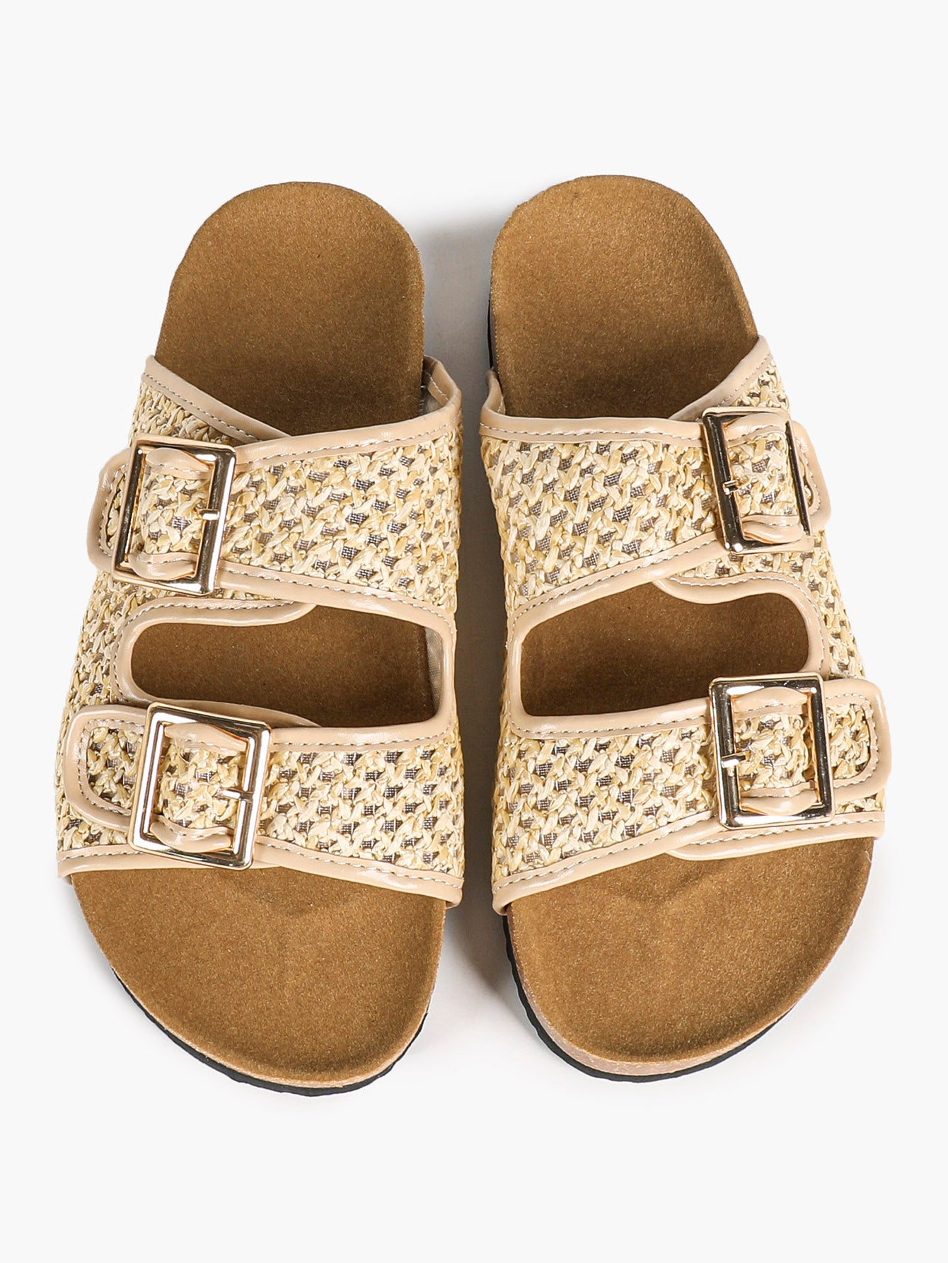 Cream Woven Double-Strap Slide Sandals with Cushioned Cork-Effect Sole
