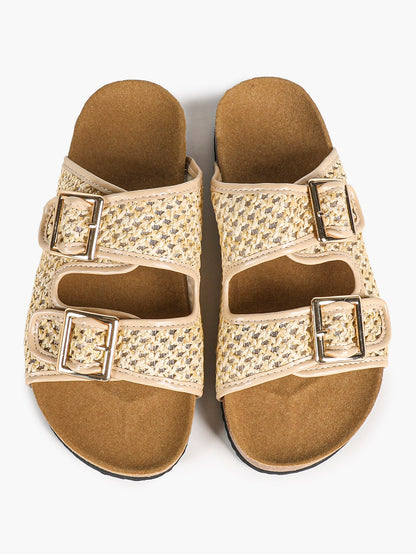 Cream Woven Double-Strap Slide Sandals with Cushioned Cork-Effect Sole