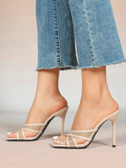 Women's Square Toe Cross Strap High Heel Sandals 3.74 Inch Sexy Stiletto Heels with Soft Insole Comfortable Mesh YISHIFAN