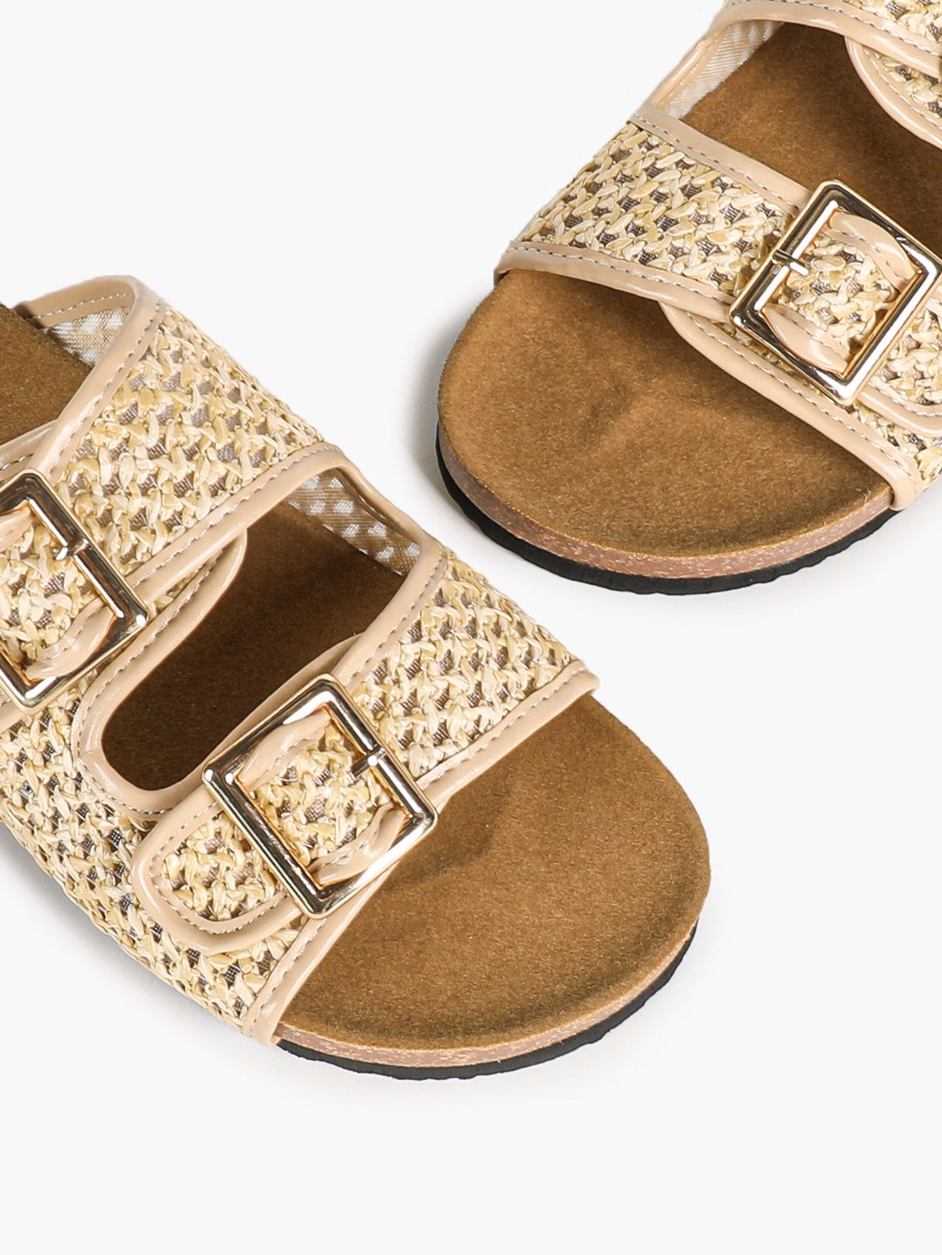 Cream Woven Double-Strap Slide Sandals with Cushioned Cork-Effect Sole