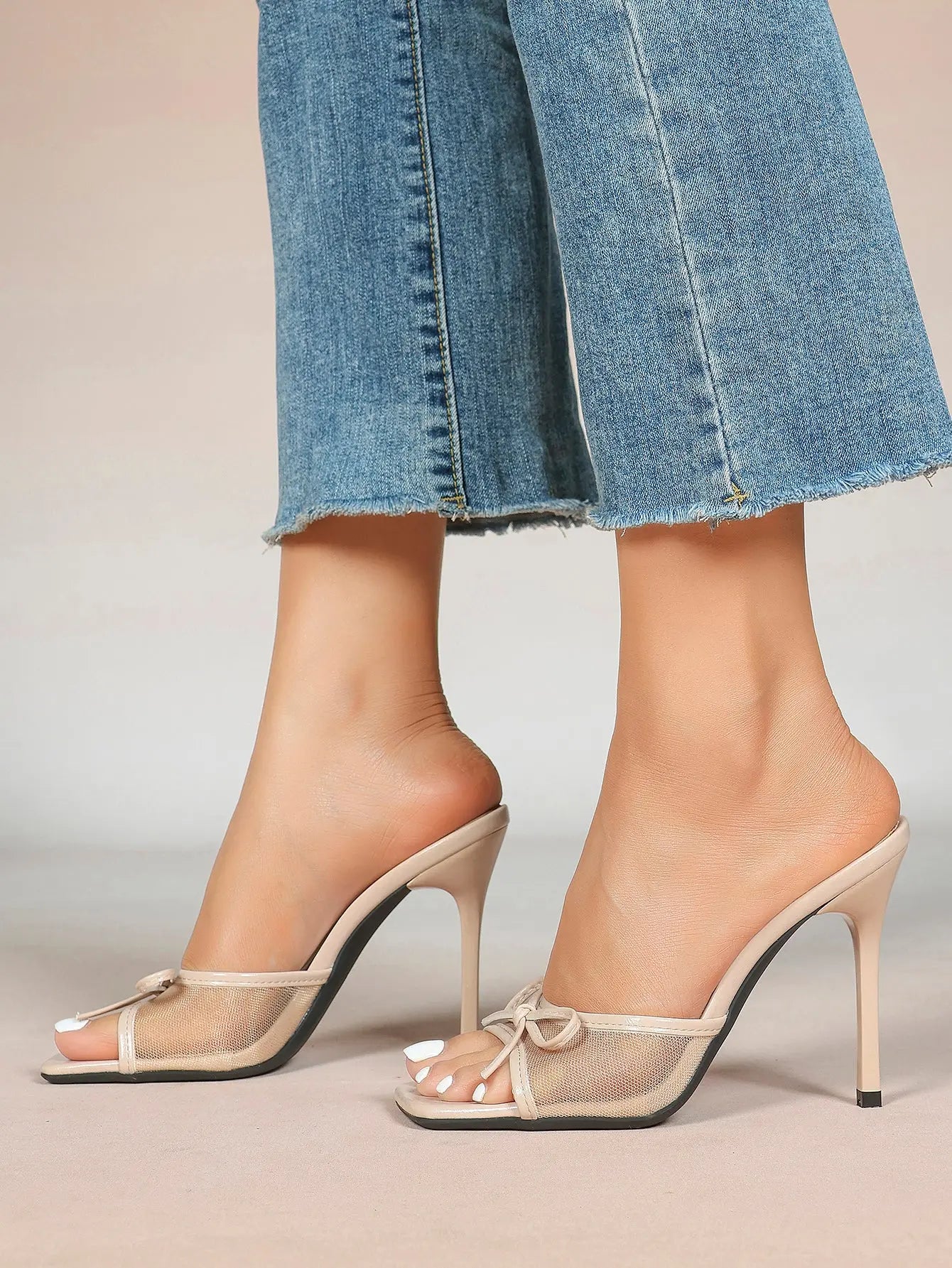 Women's Bowknot Mesh High Heel Sandals 3.74 Inch Open Square Toe Stiletto Sandals YISHIFAN