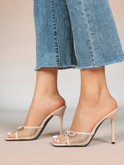 Women's Bowknot Mesh High Heel Sandals 3.74 Inch Open Square Toe Stiletto Sandals YISHIFAN