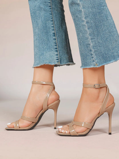 Women's Gold Leather Cross Strap Stiletto Heels 4.13 Inch Square Toe Ankle Strap Sandals YISHIFAN