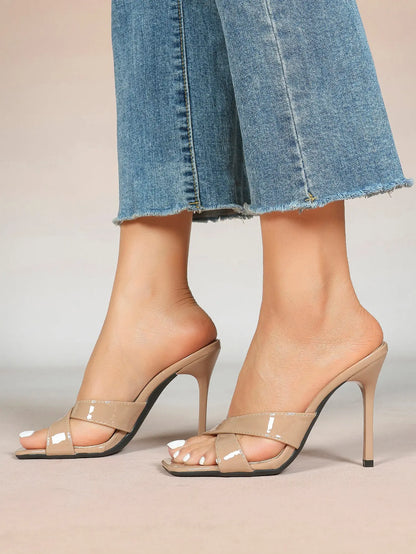 Women's Leather Mule Sandals Block Heel Cross Strap Slip with 3.74 Inch Heel For Daily Casual Office Dress Shoes YISHIFAN
