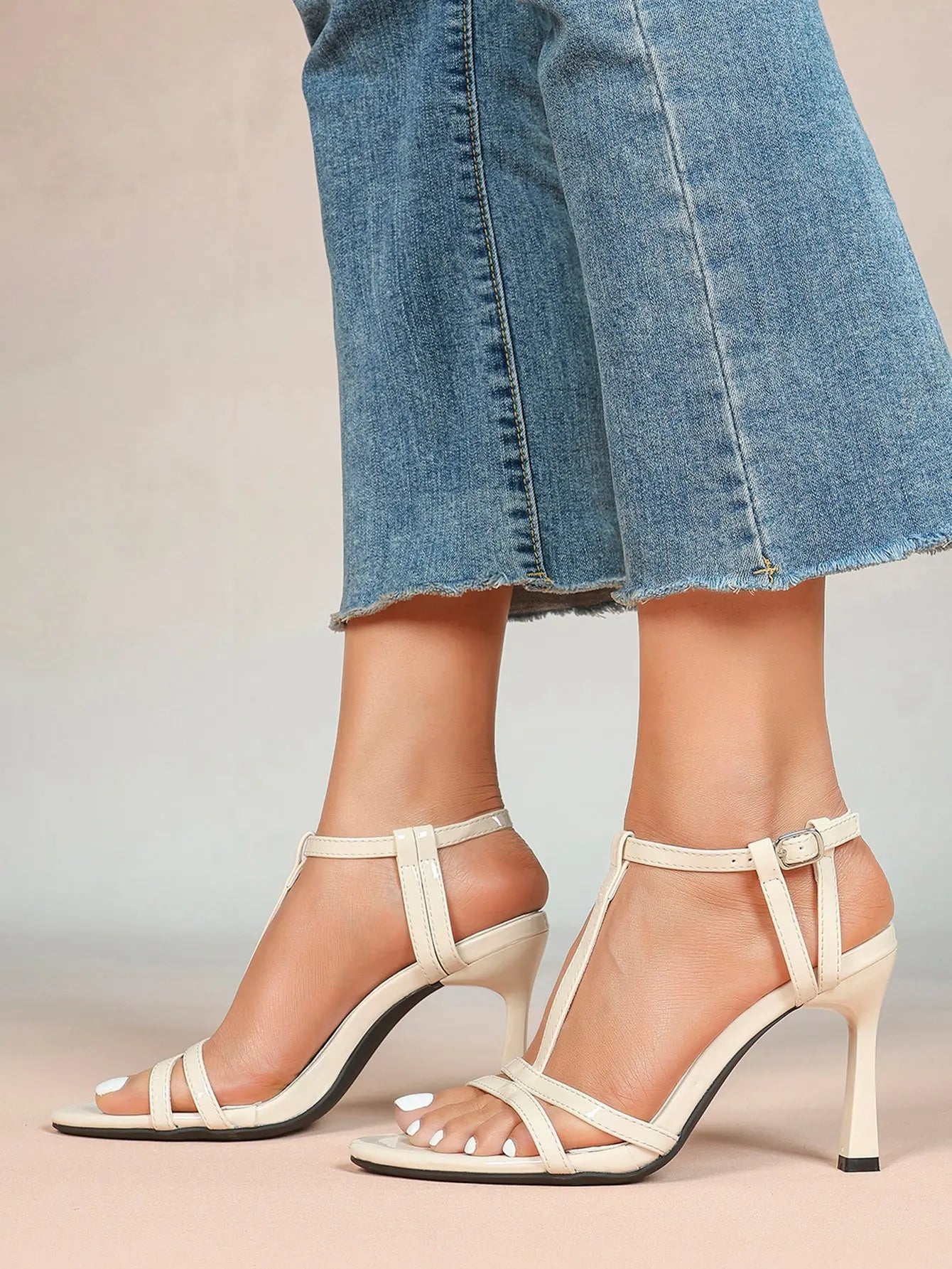 Women's Metallic Gold T-Strap Multi-Strap Stiletto Sandals Stiletto Heel for Party Office Shoes YISHIFAN