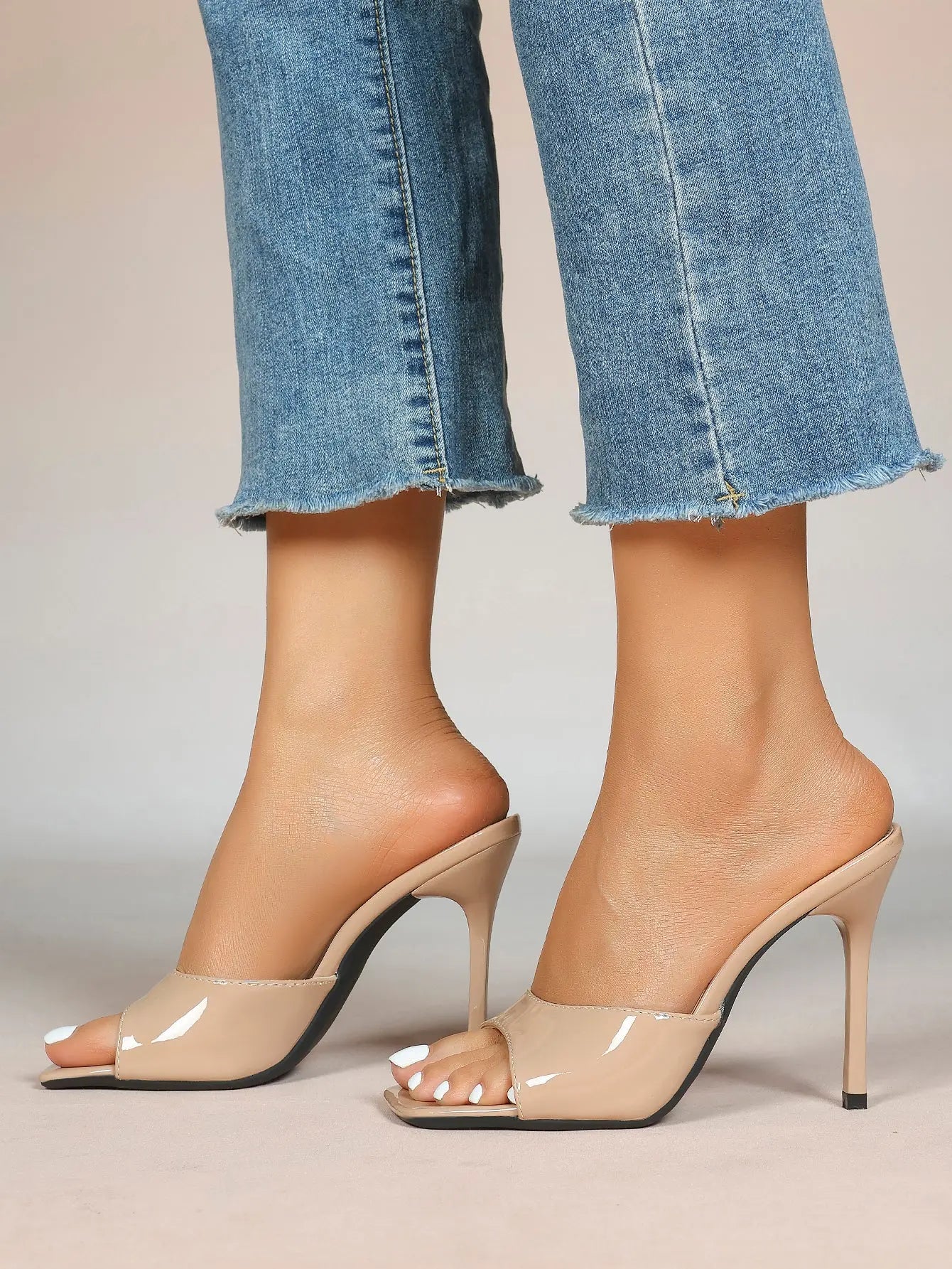Women's Kitten Heels for Square Toe Open Toe Backless Mule Heels Stiletto Sandals 4.13 Inch YISHIFAN