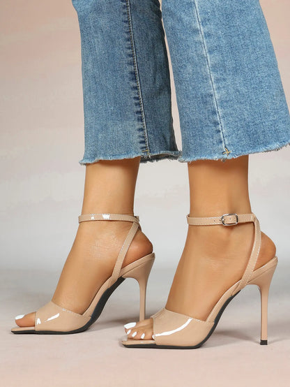 Women's Stiletto Heels 4.13 Inch Square Toe Ankle Strap Sandals Wedding Party Office Dress Shoes YISHIFAN