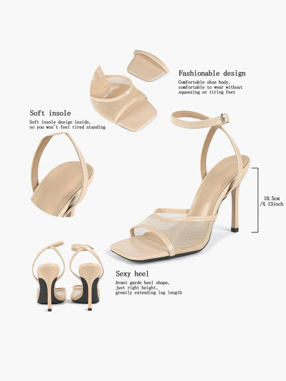 Women's Leather Mesh Ankle Strap Sandals Stiletto Heels Square Toe with 4.13 Inch Heel YISHIFAN