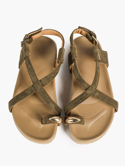Olive Green Suede Criss-Cross Strap Sandals with Gold-Tone Oval Detail and Platform Sole