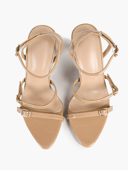 Nude Patent Double Strap Stiletto Sandals Ankle Buckle Pointed Open Toe Heels Elegant Office Shoes