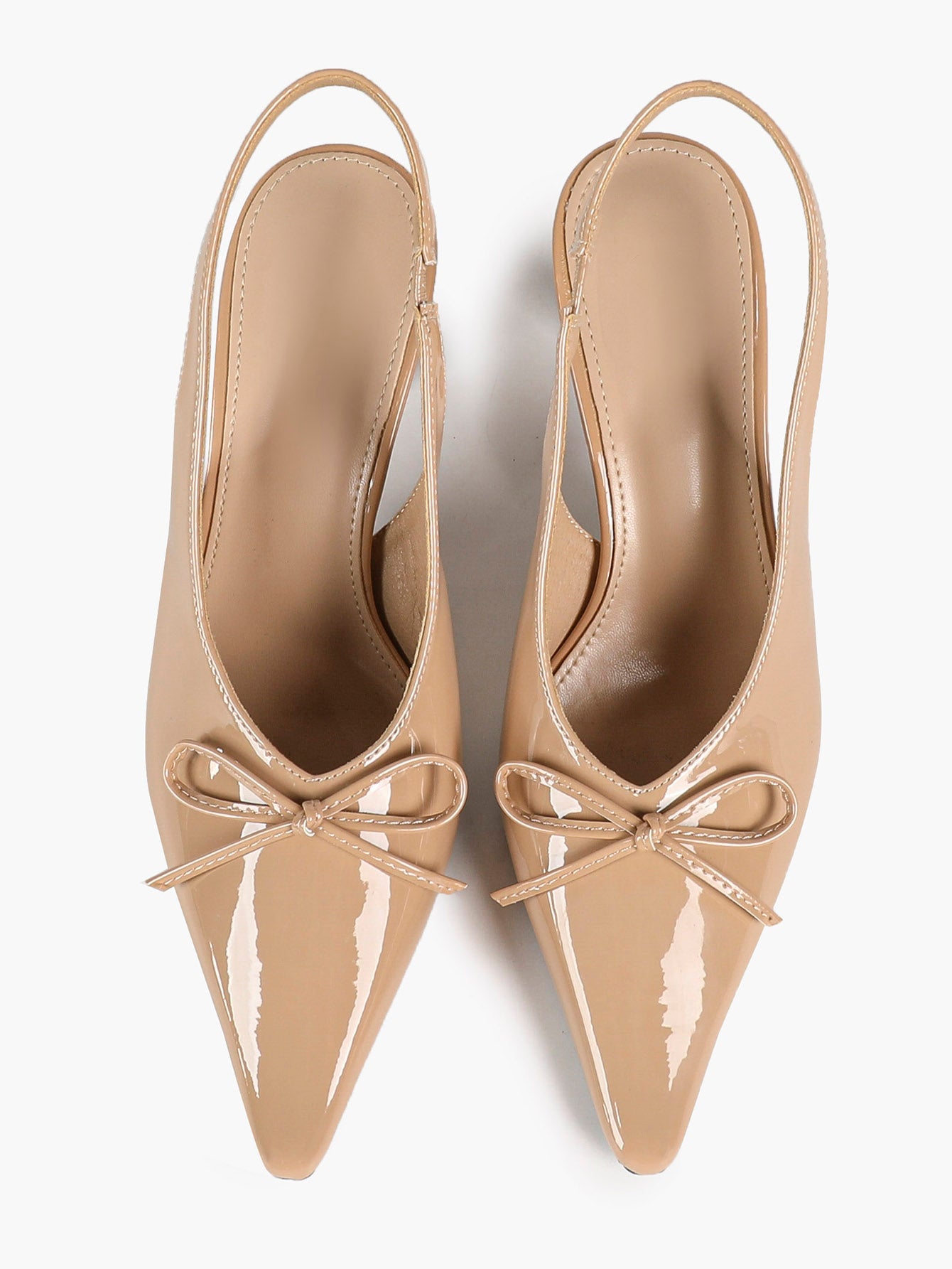 Nude Patent Pointed Toe Slingback Pumps Bow Detail Flared Heels Balletcore Elegant Shoes