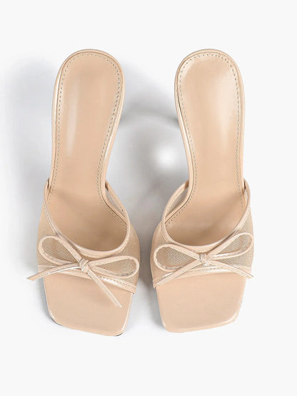Women's Bowknot Mesh High Heel Sandals 3.74 Inch Open Square Toe Stiletto Sandals YISHIFAN